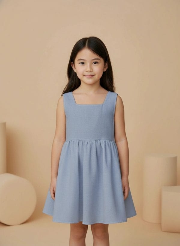 Abito Charlotte smanicato in lino Azzurro polvere e denim Front di Farway Milano