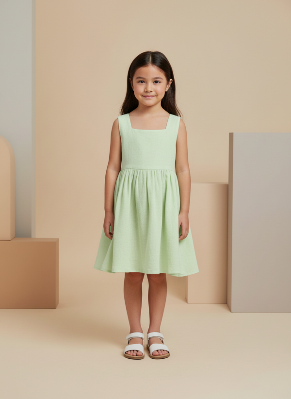 Abito Charlotte smanicato in mussola Azzurro polvere e denim Front di Farway Milano