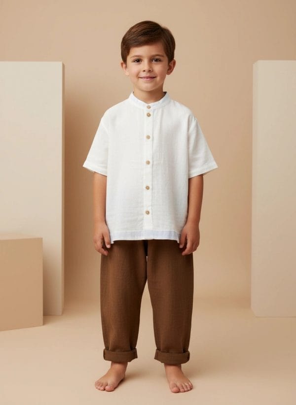 Camicia alla Coreana in Mussola Bianco puro Front di Farway Milano