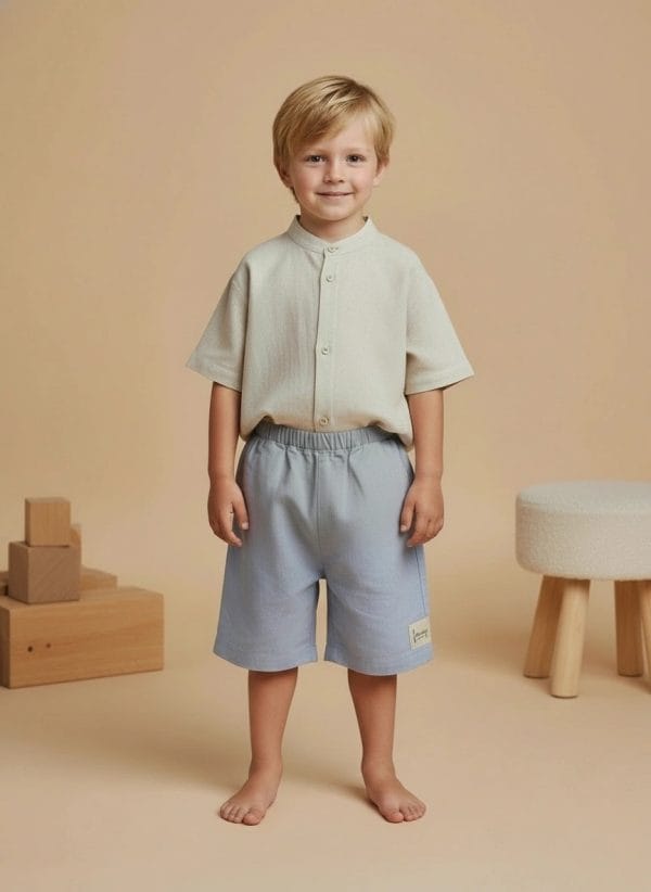 Pantaloncino Capri Celeste lino e polvere Front di Farway Milano