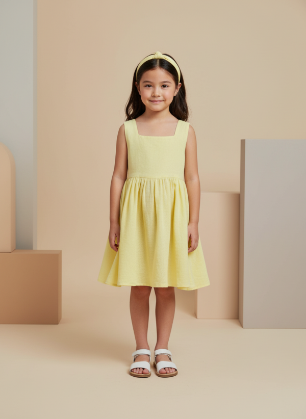 Abito Charlotte smanicato in mussola Giallo e ocra Front di Farway Milano