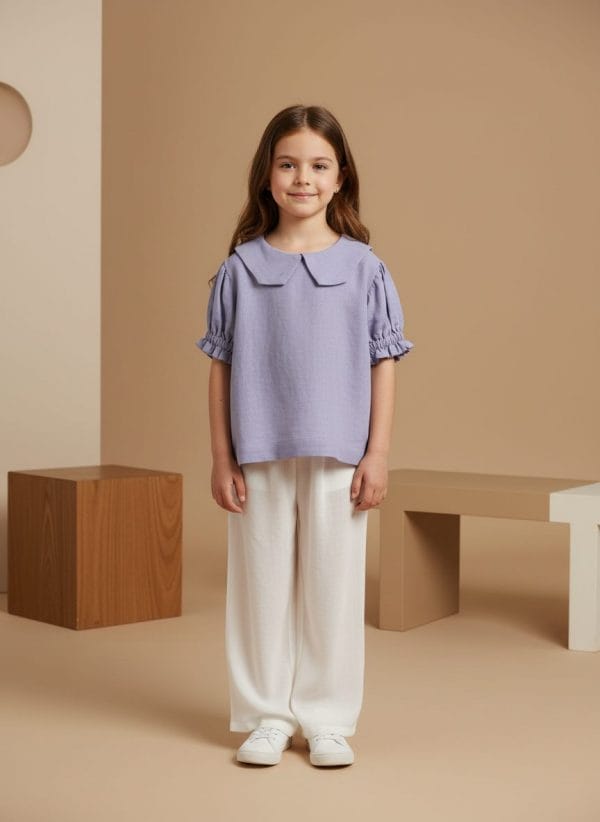 Camicia Masha manica corta a sbuffo Lilla e lavanda Front di Farway Milano