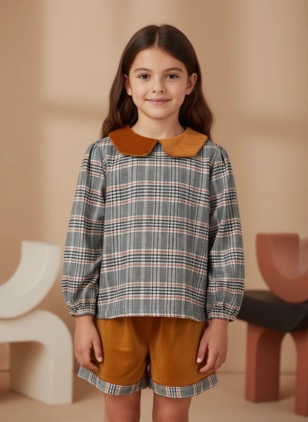 Camicia Scacchi con colletto in velluto Marrone e mocha Front di Farway Milano