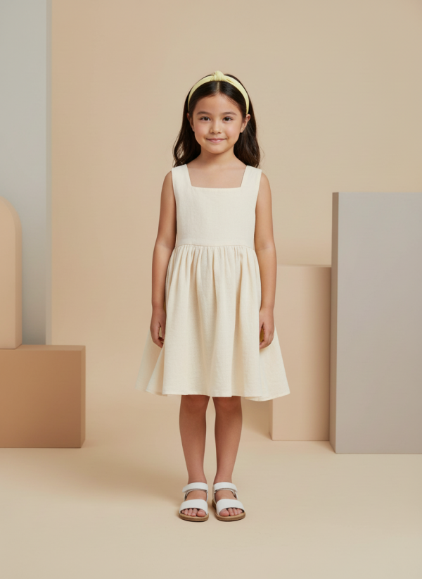 Abito Charlotte smanicato in mussola Panna e avorio Front di Farway Milano