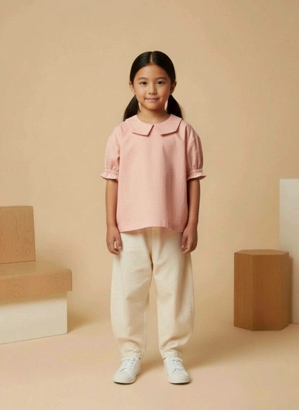 Camicia Masha manica corta a sbuffo Rosa cipria e nude Front di Farway Milano