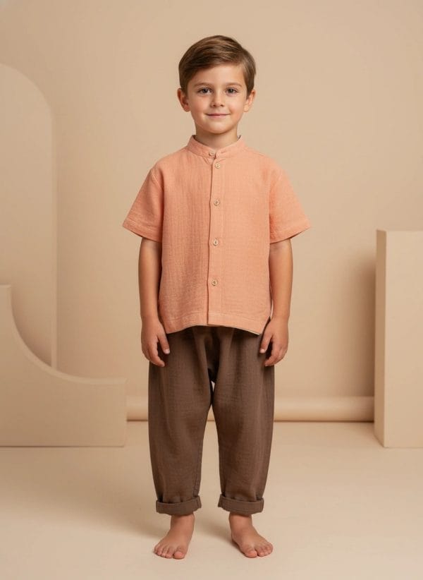 Camicia alla Coreana in Mussola Rosa pastello e antico Front di Farway Milano