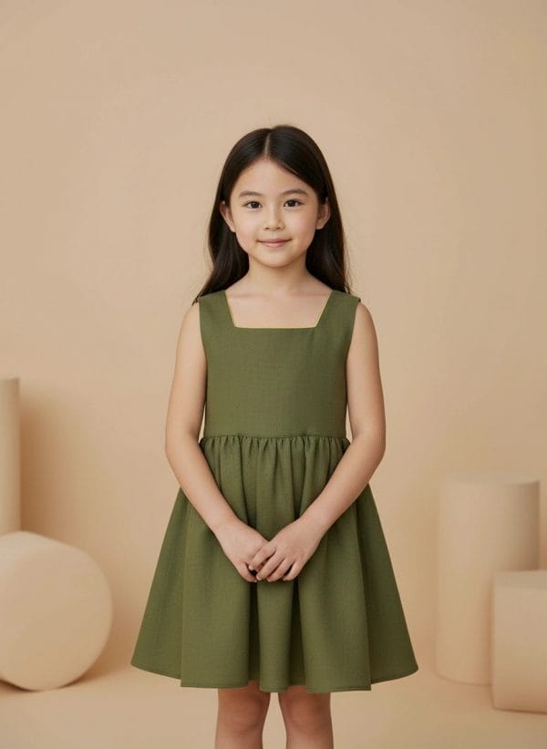 Abito Charlotte smanicato in lino Verde khaki e militare Front di Farway Milano