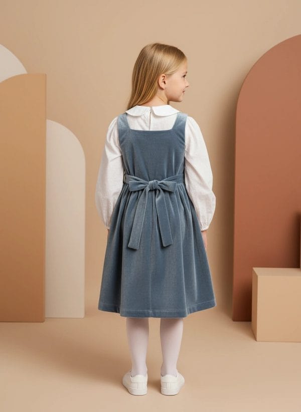 Abito Anjeliy Smanicato in velluto Azzurro polvere e denim Back di Farway Milano