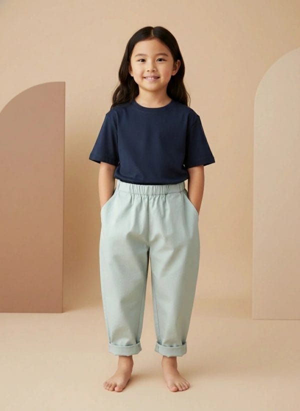 Pantalone Cropped in Popeline Panna Azzurro polvere e denim Back di Farway Milano