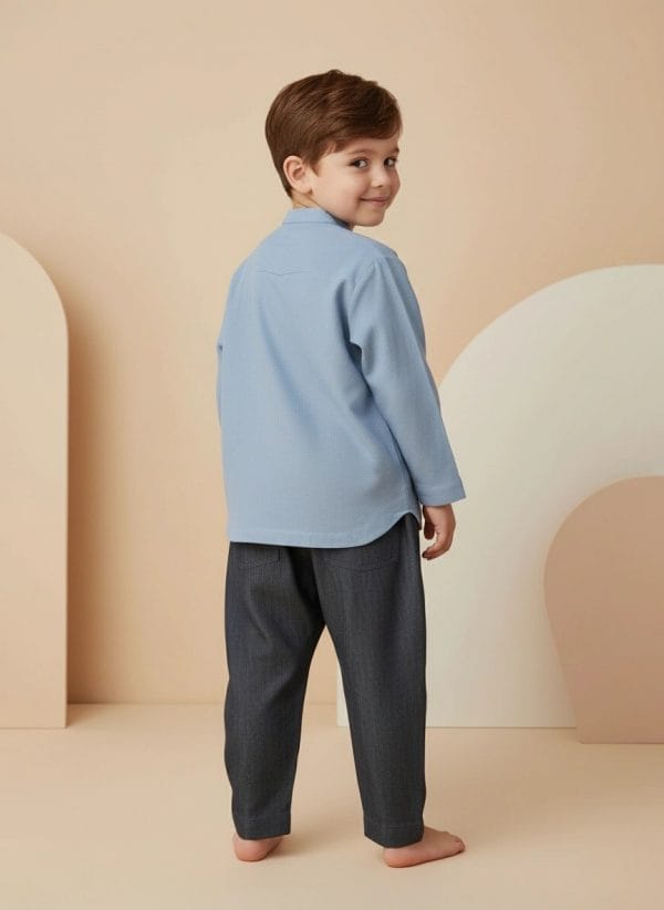 Camicia Coreana manica lunga Azzurro polvere e denim Back di Farway Milano