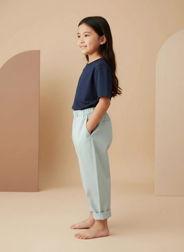 Pantalone Cropped in Popeline Panna Azzurro polvere e denim Side di Farway Milano