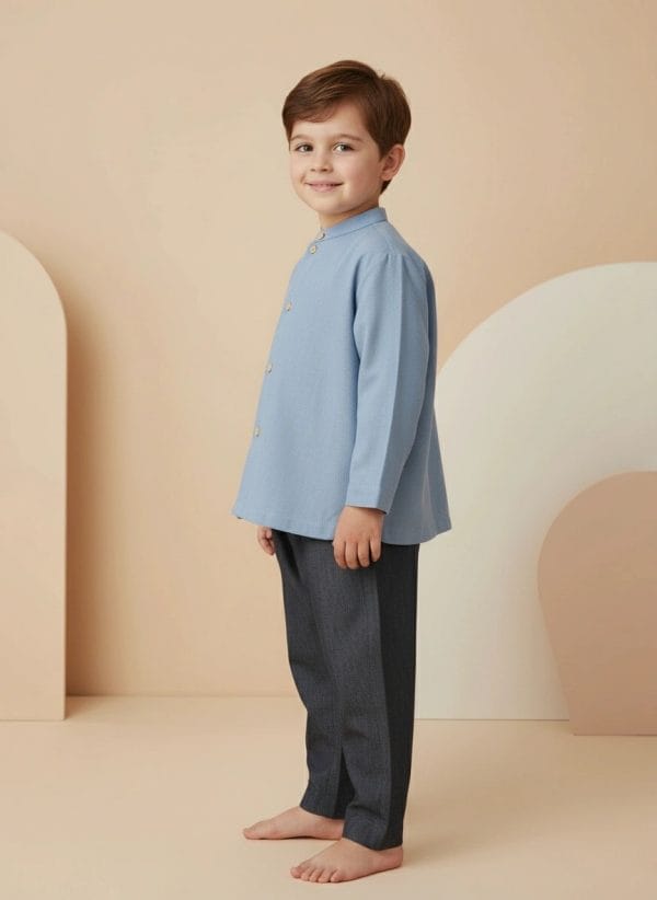 Camicia Coreana manica lunga Azzurro polvere e denim Side di Farway Milano