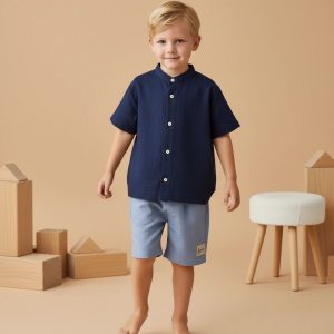 Camicia alla Coreana in Lino Blu navy e notte In Action di Farway Milano