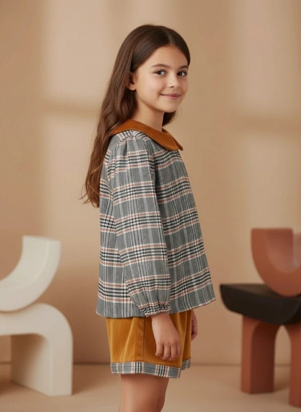 Camicia Scacchi con colletto in velluto Marrone e mocha Side di Farway Milano