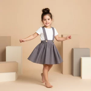 Gonna Salopette in Popeline Grigio melange e chiaro In Action