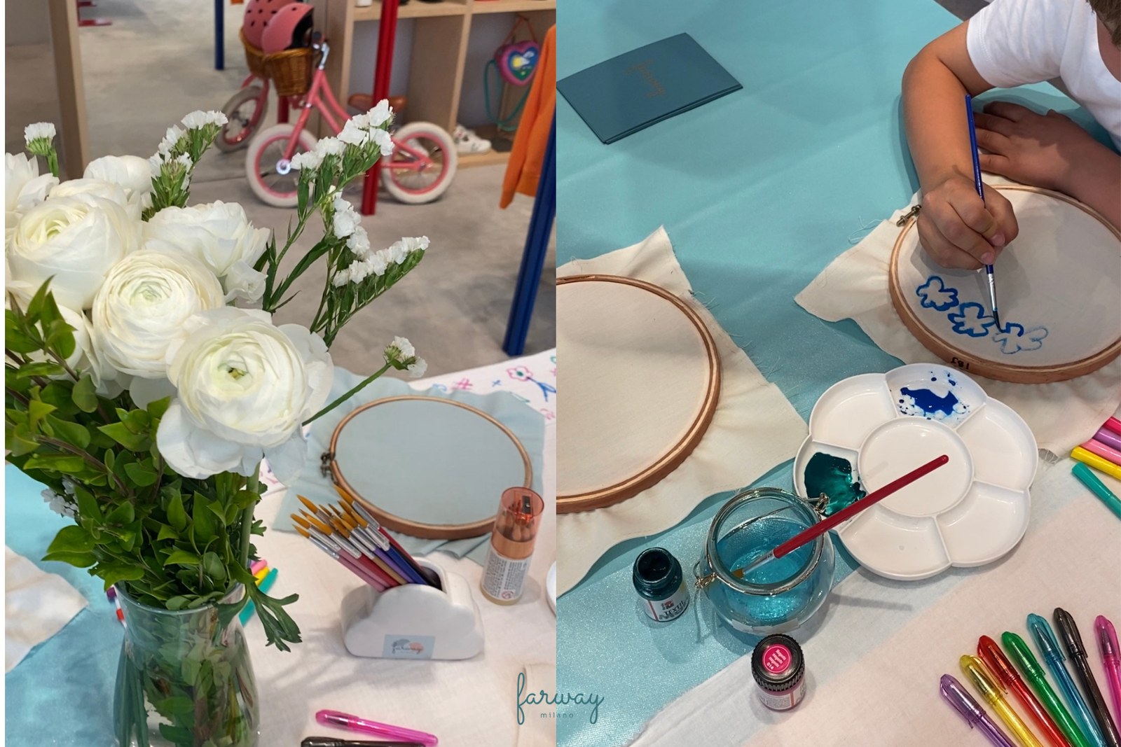 Telai da ricamo, colori per tessuto e pennarelli sul tavolo del workshop di personalizzazione Farway Milano con Minimodes